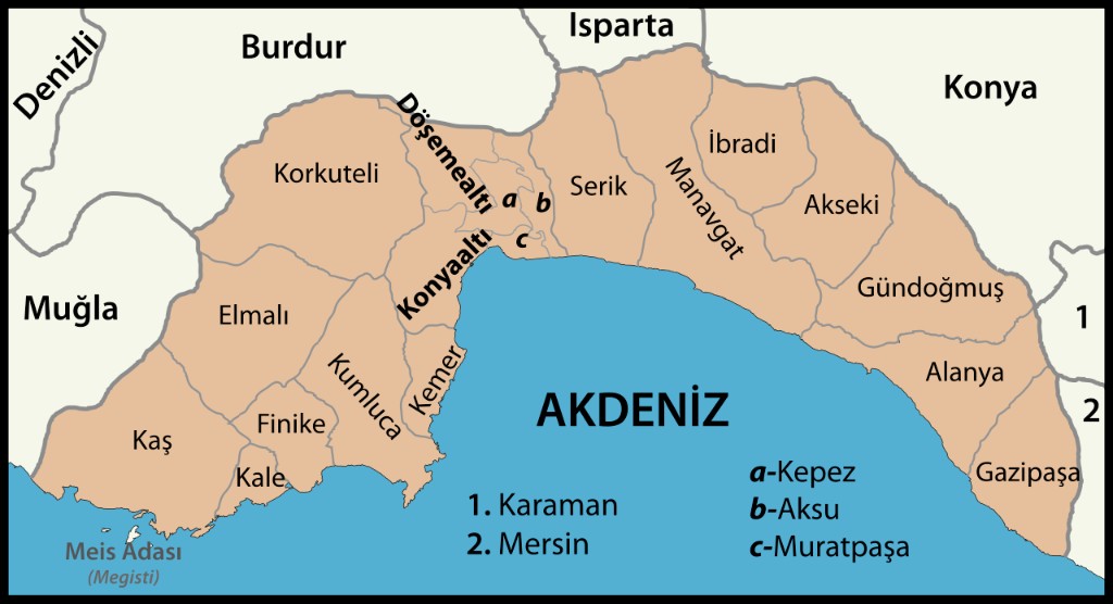 Map of Antalya province districts including Lara, Konyaalti, Kepez, Dosemealti, Aksu and coastal areas on the Mediterranean